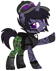 Size: 2100x2652 | Tagged: safe, artist:aestheticallylithi, derpibooru import, oc, oc:shadow stalk, unofficial characters only, pony, unicorn, backpack, bandana, baseball cap, belt, boots, camouflage, cap, clothes, combat boots, ear piercing, earpiece, earring, eye scar, female, fingerless gloves, gloves, harness, hat, jewelry, knife, mare, obtrusive watermark, pants, piercing, raised hoof, scar, shoes, simple background, skull, solo, sunglasses, tack, tanktop, tattoo, torn clothes, transparent background, watch, watermark