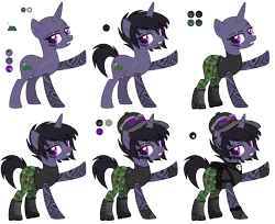 Size: 6504x5296 | Tagged: safe, artist:aestheticallylithi, derpibooru import, oc, oc:shadow stalk, unofficial characters only, pony, unicorn, backpack, bandana, baseball cap, belt, boots, camouflage, cap, clothes, combat boots, ear piercing, earpiece, earring, eye scar, female, fingerless gloves, gloves, harness, hat, jewelry, knife, mare, pants, piercing, raised hoof, reference sheet, scar, shoes, simple background, skull, solo, sunglasses, tack, tanktop, tattoo, torn clothes, transparent background, watch