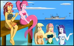 Size: 3202x2000 | Tagged: safe, artist:physicrodrigo, derpibooru import, part of a set, applejack, fluttershy, pinkie pie, rarity, sunset shimmer, angler fish, bat pony, bird, fish, mermaid, series:equestria mermaids, equestria girls, arm behind back, barefoot, battleship, belly button, bikini, bikini top, black eye, boat, breasts, busty applejack, busty fluttershy, busty pinkie pie, busty rarity, busty sunset shimmer, cleavage, clothes, cloud, disappearing clothes, dress, ear fins, feet, fins, flutterbat, gasp, gills, helicopter, high res, hug, mermaid tail, mermaidized, mexico, midriff, military, navy, ocean, open mouth, part of a series, pier, pointing, ponytail, race swap, raised hand, sarong, seashell bra, ship, sitting, species swap, story included, surprised, swimsuit, tail hug, worried