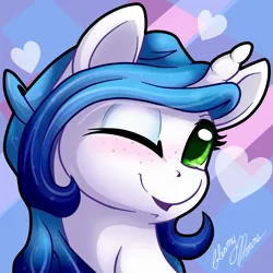 Size: 2720x2721 | Tagged: safe, artist:gleamydreams, derpibooru import, oc, oc:gleamy, unofficial characters only, pony, unicorn, blushing, female, freckles, mare, one eye closed, smiling, smiling at you, wink, winking at you