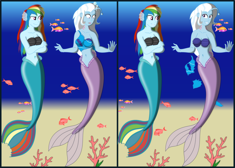 Size: 3100x2220 | Tagged: safe, artist:physicrodrigo, derpibooru import, rainbow dash, trixie, angler fish, fish, mermaid, series:equestria mermaids, equestria girls, belly button, bubble, clothes, coral, crossed arms, disappearing clothes, duo, duo female, earfins, female, fins, gills, grin, happy, high res, looking at each other, mermaid tail, mermaidized, midriff, ocean, open mouth, raised hand, ripping clothes, seashell bra, smiling, smirk, species swap, story included, surprised, swimsuit, torn clothes, transformed, two panels, underwater, wide eyes