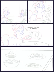 Size: 6000x8000 | Tagged: safe, artist:chedx, author:bigonionbean, derpibooru import, cookie crumbles, oc, oc:princess mythic majestic, alicorn, pony, unicorn, comic:the other grandparents, alicorn oc, alicorn princess, bag, basement, canterlot, canterlot castle, carousel boutique, cologne, comic, commissioner:bigonionbean, cookie, curious, dessert, female, flashback, food, fusion, fusion:princess mythic majestic, horn, jewelry, levitation, magic, mare, pastries, perfume, pie, potion, sketch, sketch dump, telekinesis, wings