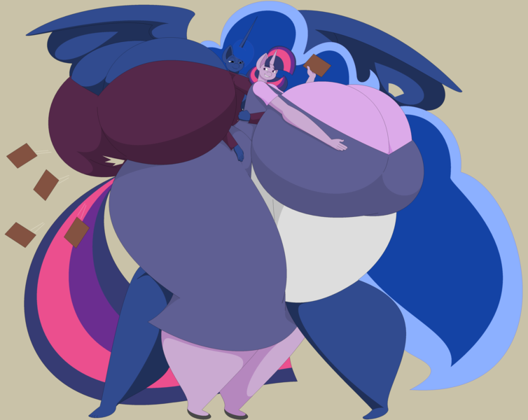 Size: 4400x3500 | Tagged: anthro, artist:two-ton-neko, belly, big belly, big breasts, boob window, book, breasts, busty princess luna, busty twilight sparkle, butt, cleavage, derpibooru import, duo, duo female, female, females only, fetish, hug, huge belly, huge breasts, huge butt, hyper, hyper breasts, hyper hourglass, impossibly large belly, impossibly large breasts, impossibly large butt, impossibly large thighs, large butt, looking at each other, plantigrade anthro, princess luna, questionable, resting breasts on other pony, simple background, smiling, thighs, thunder thighs, twilight sparkle, yellow background