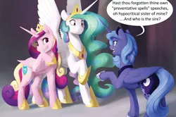 Size: 1996x1323 | Tagged: safe, artist:silfoe, derpibooru import, princess cadance, princess celestia, princess luna, alicorn, pony, fanfic:a joke too far, alicorn triarchy, dialogue, female, grin, hoof shoes, implied pregnancy, jewelry, mare, misunderstanding, peytral, raised hoof, redraw, royal sisters, s1 luna, scrunchy face, smiling, smirk, speech bubble, spread wings, tiara, trio, wings, ye olde butcherede englishe