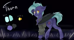 Size: 3328x1827 | Tagged: safe, artist:tavifly, derpibooru import, oc, oc:teasy thorn, unofficial characters only, bat pony, pony, bat pony oc, bat wings, butt, cheek fluff, chest fluff, clothes, colored pupils, digital art, ear fluff, facial hair, fangs, floppy ears, folded wings, glasses, goatee, jacket, looking at you, male, plot, reference sheet, signature, solo, underhoof, wings
