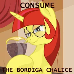 Size: 2000x2000 | Tagged: amadeo bordiga, artist:aaronmk, chalice, communism, derpibooru import, freckles, glasses, interior, oc, oc:lefty pony, safe, smiling, smug, spaghetti-o's, text, unofficial characters only, vector, yandere simulator