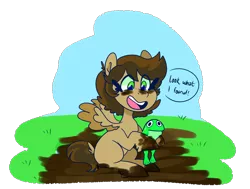 Size: 1280x966 | Tagged: safe, artist:cubbybatdoodles, derpibooru import, oc, oc:whimsical note, unofficial characters only, frog, pegasus, pony, dirt, dirty, female, filly, grass, mud, offspring, parent:derpy hooves, parent:ditzy doo, parent:doctor whooves, parent:time turner, parents:doctorderpy, simple background, solo, transparent background