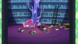 Size: 1920x1080 | Tagged: safe, derpibooru import, screencap, twilight sparkle, twilight sparkle (alicorn), alicorn, pony, unicorn, dragon dropped, book, couch, fainting couch, female, ladder, library, mare, sitting, solo, twilight's castle, twilight's castle library