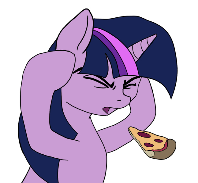 Size: 800x742 | Tagged: safe, artist:slamjam, banned from derpibooru, deleted from derpibooru, derpibooru import, twilight sparkle, ponified, pony, unicorn, /mlp/, 4chan, drawthread, eyes closed, food, head in hooves, image, jpeg, levitation, magic, meat, meme, open mouth, pepperoni, pepperoni pizza, pizza, solo, telekinesis