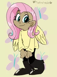 Size: 598x800 | Tagged: artist:mirabuncupcakes15, boots, clothes, dark skin, derpibooru import, female, fluttershy, human, humanized, jeans, pants, safe, shoes, solo, sweater, sweatershy, winged humanization, wings