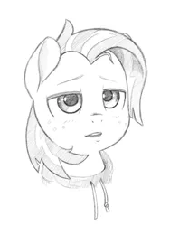 Size: 831x1107 | Tagged: safe, artist:trickydick, derpibooru import, babs seed, earth pony, pony, clothes, female, filly, freckles, grayscale, hoodie, lidded eyes, monochrome, open mouth, pencil drawing, simple background, solo, traditional art, white background