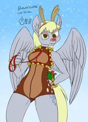 Size: 1086x1500 | Tagged: suggestive, artist:sepiakeys, derpibooru import, derpy hooves, anthro, pegasus, animal costume, antlers, bells, bodysuit, breasts, clothes, costume, female, femsub, gift giving, harness, headband, jingle bells, leash, present, red nose, reindeer antlers, reindeer costume, ribbon, solo, solo female, spots, submissive, tack, wings