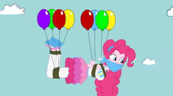 Size: 872x486 | Tagged: suggestive, artist:robukun, artist:sonicrock56, derpibooru import, pinkie pie, equestria girls, animated, arm behind back, balloon, bondage, bound and gagged, cloth gag, floating, gag, helium, muffled words, rope, sound, squirming, suspended, then watch her balloons lift her up to the sky, tied up, webm, wiggling