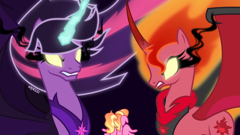 Size: 4000x2250 | Tagged: safe, artist:orin331, derpibooru import, luster dawn, sunset shimmer, twilight sparkle, twilight sparkle (alicorn), ponified, alicorn, demon, demon pony, original species, pony, unicorn, equestria girls, alicornified, corrupted, dark magic, digital art, female, high res, lustercorn, magic, mare, midnight sparkle, midnightsatan, princess midnight, race swap, sunset satan