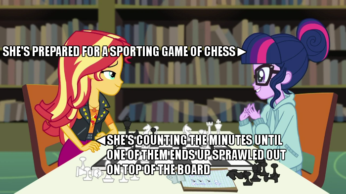 Size: 700x394 | Tagged: safe, derpibooru import, edit, edited screencap, screencap, sci-twi, sunset shimmer, twilight sparkle, equestria girls, equestria girls series, the finals countdown, book, bookshelf, checklist, chess, chessboard, chessboard incorrectly oriented, clothes, cute, female, gendo pose, hoodie, lesbian, library, lidded eyes, looking at each other, naive, scitwishimmer, shipping, smiling, sunsetsparkle, twiabetes