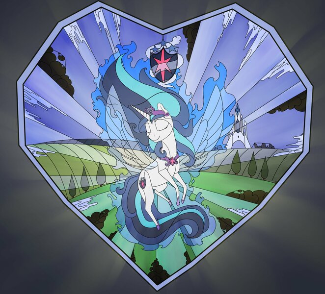 Size: 4096x3712 | Tagged: safe, artist:silfoe, derpibooru import, shining armor, alicorn, pony, fanfic, alicornified, crystal empire, fanfic art, fanfic cover, gleaming shield, prince shining armor, princess gleaming shield, race swap, rule 63, solo, stained glass