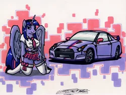 Size: 3235x2439 | Tagged: alicorn, anthro, artist:sketchywolf-13, breasts, busty twilight sparkle, car, clothes, derpibooru import, female, horn, looking at you, nissan, nissan gt-r, pinup, pose, shirt, skirt, socks, solo, solo female, suggestive, tail, traditional art, twilight sparkle, twilight sparkle (alicorn), unguligrade anthro, wings