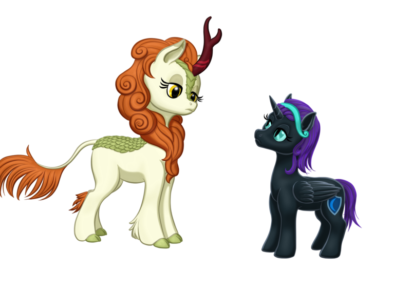 Size: 1600x1200 | Tagged: safe, artist:vasillium, derpibooru import, autumn blaze, oc, oc:nyx, alicorn, kirin, pony, accessories, alicorn oc, cutie mark, ears up, eyelashes, female, filly, headband, horn, looking at each other, mare, moon, nostrils, poker face, shield, simple background, staring contest, transparent background, wings