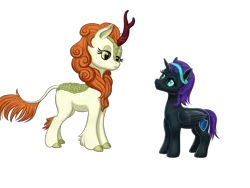 Size: 1600x1200 | Tagged: safe, artist:vasillium, derpibooru import, autumn blaze, oc, oc:nyx, alicorn, kirin, pony, accessories, alicorn oc, cutie mark, ears up, eyelashes, female, filly, headband, horn, looking at each other, mare, moon, nostrils, poker face, shield, simple background, staring contest, transparent background, wings