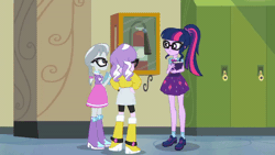 Size: 1200x676 | Tagged: safe, derpibooru import, screencap, diamond tiara, sci-twi, silver spoon, twilight sparkle, best trends forever, equestria girls, equestria girls series, accessories, animated, best trends forever: twilight sparkle, boots, bracelet, choose twilight sparkle, clothes, gif, glasses, jacket, jewelry, magical geodes, necklace, raised leg, shoes, skirt
