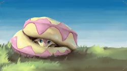 Size: 3840x2160 | Tagged: alternate version, anthro, artist:eqlipse, :c, curled up, cute, derpibooru import, female, fluttershy, fluttersnake, frown, grass, hiding, looking at you, painterly, peeking, safe, scared, serpent, shy, shyabetes, sky, snake, snek, solo, species swap, wallpaper, x-com