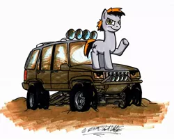 Size: 1024x824 | Tagged: safe, artist:sketchywolf-13, derpibooru import, oc, unofficial characters only, earth pony, pony, commission, cutie mark, jeep, jeep grand cherokee, male, mud, simple background, solo, stallion, suv, traditional art, vehicle, white background