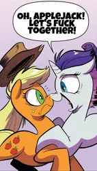 Size: 882x1550 | Tagged: suggestive, artist:andypriceart, derpibooru import, edit, idw, applejack, rarity, earth pony, unicorn, friends forever, spoiler:comic, spoiler:comicff8, caption, comic panel, female, image macro, implied sex, lesbian, mare, purple background, rarijack, shipping, simple background, text