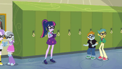 Size: 1200x676 | Tagged: safe, derpibooru import, screencap, diamond tiara, sci-twi, silver spoon, snails, snips, twilight sparkle, best trends forever, equestria girls, equestria girls series, animated, best trends forever: twilight sparkle, book, boots, choose twilight sparkle, clothes, gif, glasses, jacket, jeans, jewelry, necklace, pants, shirt, shoes, skirt