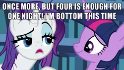 Size: 700x394 | Tagged: suggestive, derpibooru import, edit, edited screencap, screencap, rarity, twilight sparkle, twilight sparkle (alicorn), alicorn, unicorn, dragon dropped, caption, female, image macro, implied sex, lesbian, library, mare, messy mane, raised eyebrow, rarilight, rarity is a marshmallow, shipping, text, twilight's castle, twilight's castle library