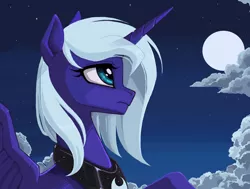 Size: 1350x1020 | Tagged: safe, artist:gluemakers, derpibooru import, princess luna, alicorn, pony, bust, cloud, female, full moon, mare, moon, night, portrait, s1 luna, sky, solo, stars