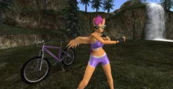 Size: 1920x986 | Tagged: 3d, anthro, artist:bangayo, bicycle, breasts, clothes, derpibooru import, glasses, mountain bike, older, older scootaloo, scootaloo, second life, shorts, solo, sports, sports bra, sports shorts, suggestive, sunglasses, video in description