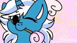 Size: 1280x720 | Tagged: alicorn, alicorn oc, artist:staryvenus, bow, candy, derpibooru import, female, food, hair bow, horn, lollipop, mare, oc, oc:fleurbelle, one eye closed, safe, unofficial characters only, wings, wink, winking at you, yellow eyes