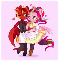 Size: 800x828 | Tagged: anthro, artist:ipun, chibi, clothes, derpibooru import, deviantart watermark, female, friendship cafe, maid, mare, obtrusive watermark, oc, oc:fire strike, oc:precious metal, one eye closed, pegasus, safe, unofficial characters only, vest, waitress, watermark, wink