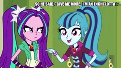 Size: 896x500 | Tagged: safe, derpibooru import, edit, edited screencap, screencap, aria blaze, sonata dusk, equestria girls, rainbow rocks, angry, annoyed, enchilada, joke, mexican food, punchline