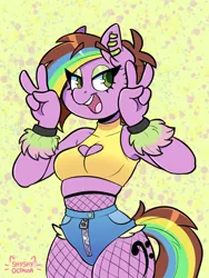 Size: 3000x4000 | Tagged: suggestive, artist:shyshyoctavia, derpibooru import, oc, oc:nixie, unofficial characters only, anthro, earth pony, breasts, cleavage, clothes, daisy dukes, denim shorts, ear piercing, female, fishnets, four fingers, mare, peace sign, piercing, sexy, shorts, solo, thighs, tomboy, top