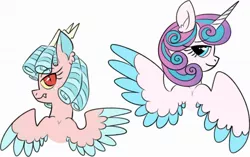 Size: 1280x806 | Tagged: safe, artist:ch0c0butt, derpibooru import, cozy glow, princess flurry heart, alicorn, draconequus, hybrid, pony, alternate universe, colored wings, colored wingtips, context in source, duo, horns, interspecies offspring, looking at you, looking back, looking back at you, offspring, parent:discord, parent:twilight sparkle, parents:discolight, slit eyes, snaggletooth, time travel, wings