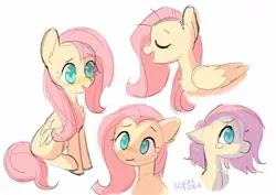 Size: 2072x1468 | Tagged: safe, artist:bokkitoki, derpibooru import, fluttershy, pegasus, pony, bust, chest fluff, cute, doodle, ear fluff, eyes closed, female, folded wings, mare, no pupils, open mouth, portrait, profile, shyabetes, simple background, sitting, solo, white background, wings