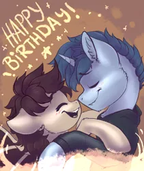 Size: 1600x1900 | Tagged: safe, artist:falafeljake, derpibooru import, oc, oc:slumber tea, oc:tesseract, unofficial characters only, bat pony, unicorn, bat pony oc, bat wings, blushing, clothes, cute, female, happy, happy birthday, hoodie, hug, kissing, male, mare, nose kiss, slumberact, smiling, stallion, wings