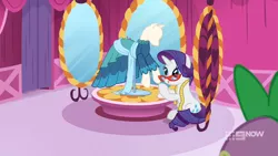 Size: 1920x1080 | Tagged: safe, derpibooru import, screencap, rarity, spike, dragon, a-dressing memories, spoiler:a-dressing memories, spoiler:mlp friendship is forever, 9now, clothes, dress, glasses, mirror, ponyquin, tongue out, winged spike