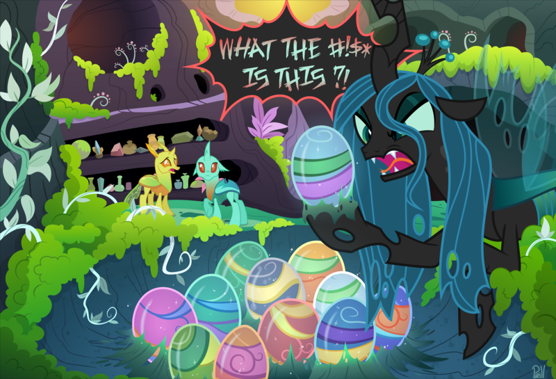 Size: 6001x4087 | Tagged: safe, artist:pirill, derpibooru import, clypeus, cornicle, queen chrysalis, changedling, changeling, changeling queen, absurd resolution, angry, cave, censored vulgarity, changeling egg, changeling hive, concerned, dialogue, easter, easter egg, egg, female, forked tongue, glare, grawlixes, ground, hive, holiday, laying on stomach, mare, open mouth, plant, queen chrysalis is not amused, scenery, signature, slime, solo focus, speech bubble, standing, swearing, text, tongue out, unamused, vector, vulgar, yelling