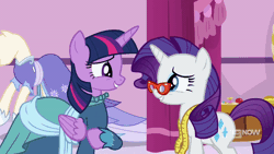 Size: 800x450 | Tagged: safe, derpibooru import, screencap, rarity, twilight sparkle, twilight sparkle (alicorn), alicorn, unicorn, a-dressing memories, spoiler:a-dressing memories, spoiler:mlp friendship is forever, animated, carousel boutique, clothes, coronation dress, dress, duo, eyes closed, fashion, gif, glasses, glasses rarity, hug, mannequin, measuring tape, smiling, wings