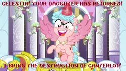 Size: 1280x720 | Tagged: alicorn, alicornified, canterlot castle, cozycorn, cozy glow, cozy glow is best facemaker, derpibooru import, edit, edited screencap, female, filly, god of war ii, god of war iii, implied momlestia, kratos, looking at you, parent:princess celestia, race swap, royal guard, safe, screencap, spread wings, the ending of the end, throne room, wings