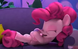 Size: 921x577 | Tagged: safe, derpibooru import, screencap, pinkie pie, earth pony, pony, hello pinkie pie, couch, cropped, cute, diapinkes, eyes closed, female, laughing, solo