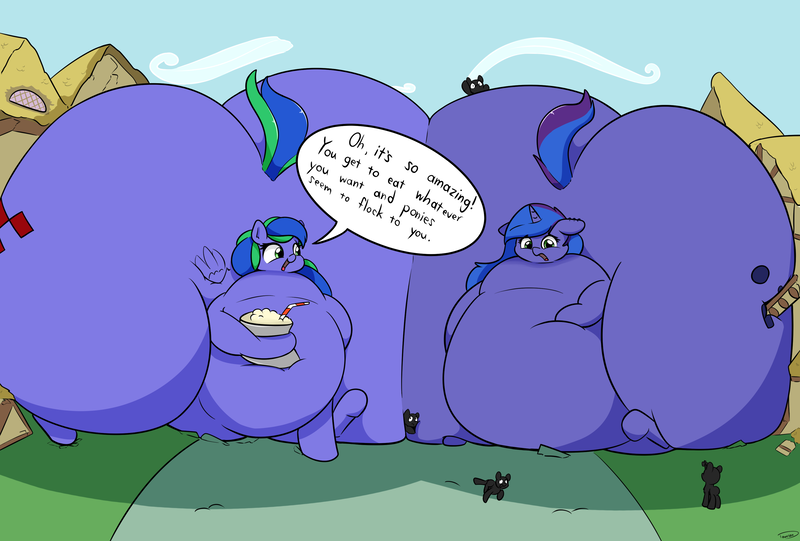 Size: 3496x2362 | Tagged: suggestive, artist:taurson, derpibooru import, oc, oc:blue monday, oc:felicity stars, unofficial characters only, pegasus, pony, unicorn, ass, belly, big belly, butt, butt squish, destruction, dialogue, fat, female, giant pony, growth, huge belly, huge butt, impossibly large belly, impossibly large butt, large butt, macro, mare, milkshake, morbidly obese, obese, plot, property damage, speech bubble, squishy, the ass was fat