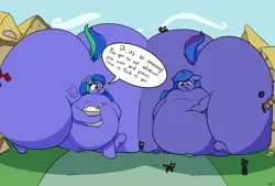 Size: 3496x2362 | Tagged: suggestive, artist:taurson, derpibooru import, oc, oc:blue monday, oc:felicity stars, unofficial characters only, pegasus, pony, unicorn, ass, belly, big belly, butt, butt squish, destruction, dialogue, fat, female, giant pony, growth, huge belly, huge butt, impossibly large belly, impossibly large butt, large butt, macro, mare, milkshake, morbidly obese, obese, plot, property damage, speech bubble, squishy, the ass was fat