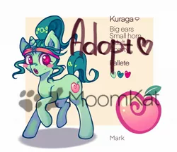 Size: 2147x1854 | Tagged: safe, artist:moomkat, derpibooru import, oc, pony, unicorn, adoptable, big ears, butt, commission, cutie, food, green, lush, peach, ponytail, reference, reference sheet, sale