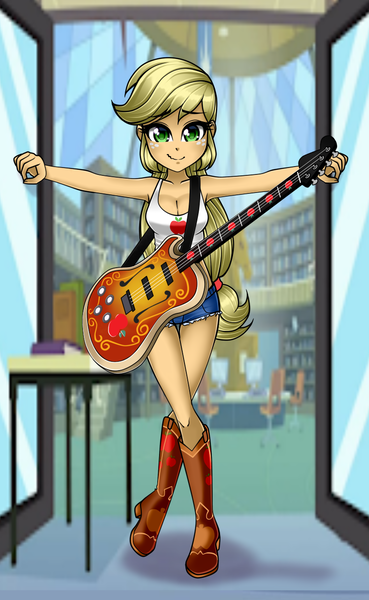 Size: 800x1300 | Tagged: safe, artist:nekojackun, derpibooru import, applejack, equestria girls, 2020, 2020s, adorasexy, armpits, bass guitar, boots, breasts, busty applejack, canterlot high, cleavage, clothes, commission, cowboy boots, cowgirl, crossed legs, curvy, cute, denim shorts, female, freckles, green eyes, jackabetes, library, lidded eyes, looking at you, musical instrument, sexy, shoes, shorts, sleeveless, smiling, solo, tanktop, tomboy, wavy mouth