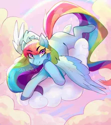 Size: 1024x1146 | Tagged: safe, artist:rayadra, derpibooru import, rainbow dash, pegasus, pony, cloud, colored hooves, colored pupils, cute, dashabetes, dtiys, eye clipping through hair, female, looking at you, mare, missing cutie mark, on a cloud, prone, sky, solo