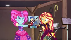 Size: 1920x1080 | Tagged: safe, derpibooru import, edit, edited screencap, screencap, flash sentry, kiwi lollipop, sunset shimmer, best trends forever, equestria girls, equestria girls series, sunset's backstage pass!, spoiler:eqg series (season 2), electric guitar, female, flashimmer, geode of empathy, guitar, k-lo, kiwisentry, magical geodes, male, music festival outfit, musical instrument, shipping, straight