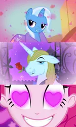 Size: 1200x1996 | Tagged: safe, derpibooru import, edit, edited screencap, screencap, pinkie pie, prince blueblood, trixie, boast busters, coinky-dink world, eqg summertime shorts, equestria girls, the best night ever, bluetrix, female, heart eyes, male, meme, pinkie's eyes, shipping, shipping domino, straight, wingding eyes